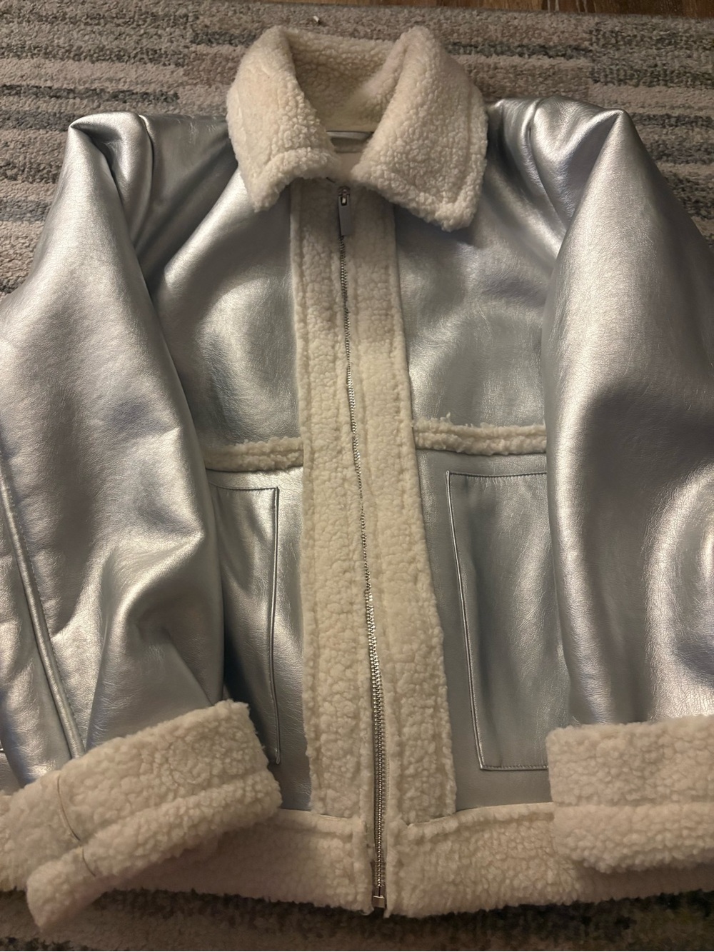 a new day Silver Faux-Shearling Aviator Jacket with Cream Trim